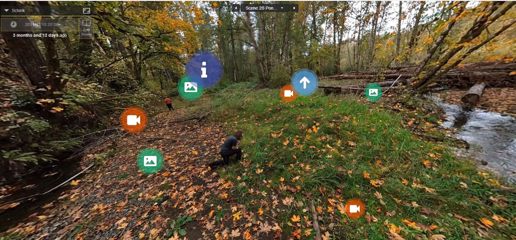 Image of forest trail with man kneeling to look closely at moss along the trail. The image is overlayed with various icons created through the Virtual Field Environment (VFE) tour software.
